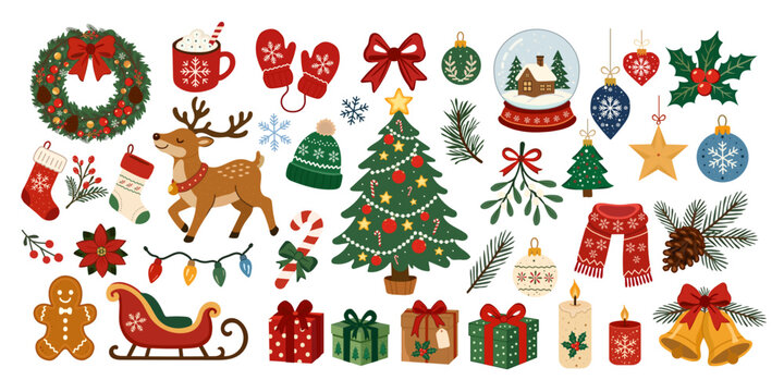 Set of Christmas elements tree, reindeer, gift boxes, wreath, cute bow. Winter holiday icons stickers. Xmas collection decoration. Vector flat illustration