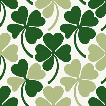 Seamless clover pattern vector, green shamrock background illustration, spring plant repeat print, Irish holiday graphic design asset