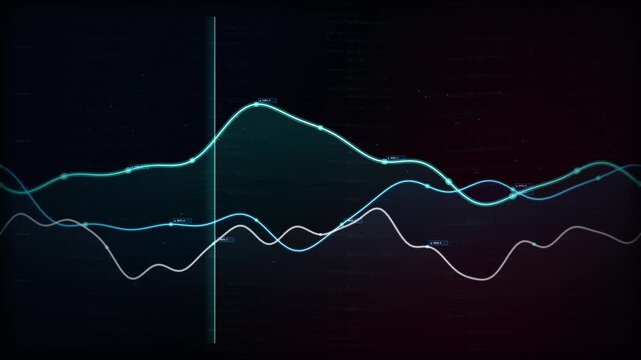 Dynamic glowing cyan digital waveforms fluctuate across a dark interface. modern abstract data analytics display features vibrant blue neon line visual effects.