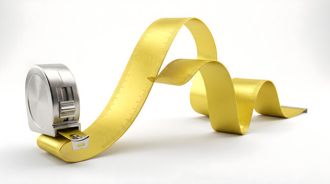 Yellow measuring tape unrolling with metallic casing in bright studio lighting against clean white background for architecture and construction concepts