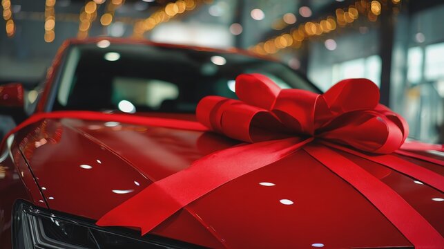 Red car adorned with a festive bow, celebration vibe.