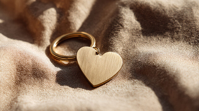 Golden heart shaped keychain lying elegantly on a soft beige fabric surface with gentle folds and warm lighting.