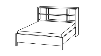 Thin black line vector icon of a double bed with footboard and bookcase headboard featuring open shelves and cubbies, drawn in three-quarter perspective ending with balanced bedroom furniture clarity © Kyle