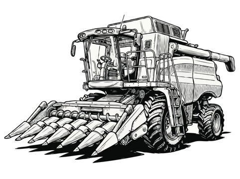 Detailed Black and White Line Art of Agricultural Combine Harvester   