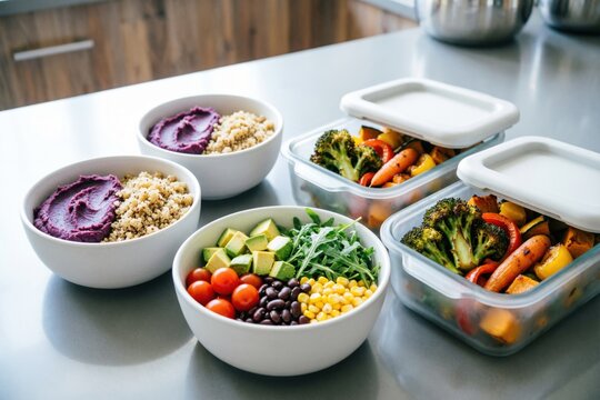Coloridos cuencos de cereales y recipientes con tapa de verduras asadas, perfectamente alineados; servicio de entrega de comidas saludables