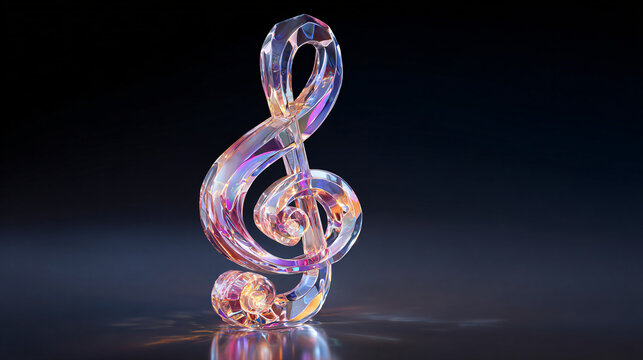 Transparent crystal treble clef stands upright against a moody gradient background.