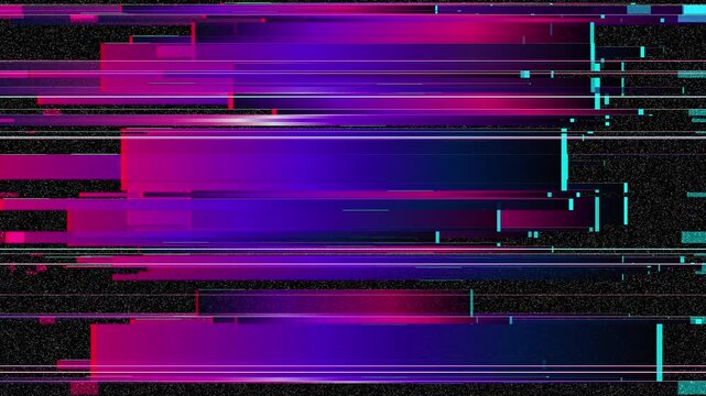 Vibrant purple and magenta neon glitch lines flicker on a dark screen. cyber noise background displays sharp cyan light and retro vhs static texture effects.
