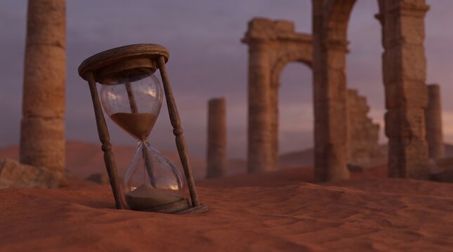 Old Hourglass Lying in the Sand Among Ancient Roman Ruins at Dusk