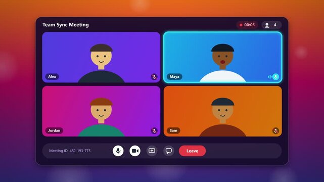 Video meeting grid with four participants on dark interface, representing remote work, online conference, and virtual team collaboration.