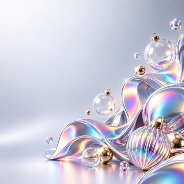 Abstract flowing liquid ribbons and iridescent glass spheres floating on a smooth soft pastel blue