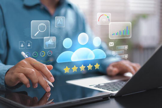 Customer Relationship Management CRM and Customer Experience Analytics dashboard with satisfaction ratings, customer profiles, AI insights and digital engagement metrics for business reporting
