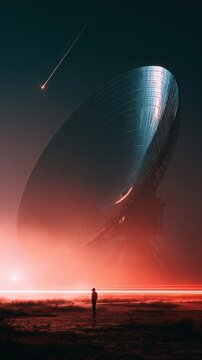 giant radio telescope dish scanning deep space night sky with meteor light beam falling silhouette observer standing beneath futuristic technology cosmic observatory research concept background