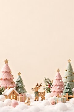 Charming miniature holiday village with toy deer and decorative pastel trees reindeer figurine