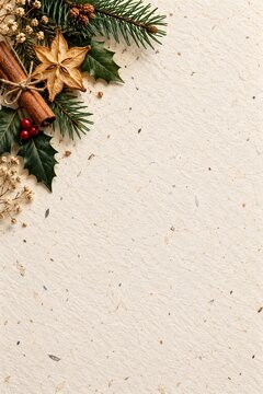 Holiday decoration corner with cinnamon sticks and pine branch on paper