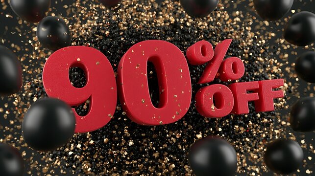 Bold red ninety percent off sign rests amidst dark spheres and gold sparkles, representing sales promotions and discount deals