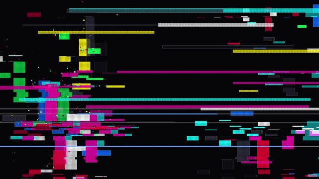 Colorful digital glitch art features horizontal neon streaks of cyan magenta and yellow on black. pixelated noise and screen patterns create a retro tech vibe.