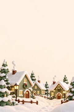 Miniature houses in snowy village with pine trees and soft winter light