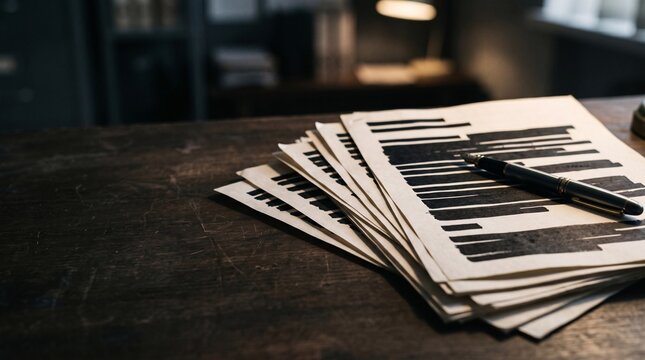 A stack of redacted official documents featuring blacked out lines on a dark wooden desk