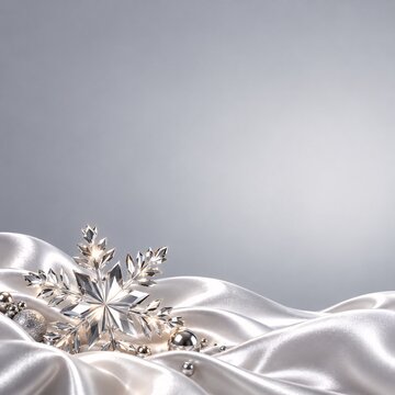 Crystal snowflake ornament resting on smooth draped white silk fabric
