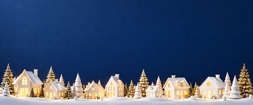Miniature illuminated christmas village houses arranged in a row against a dark blue background