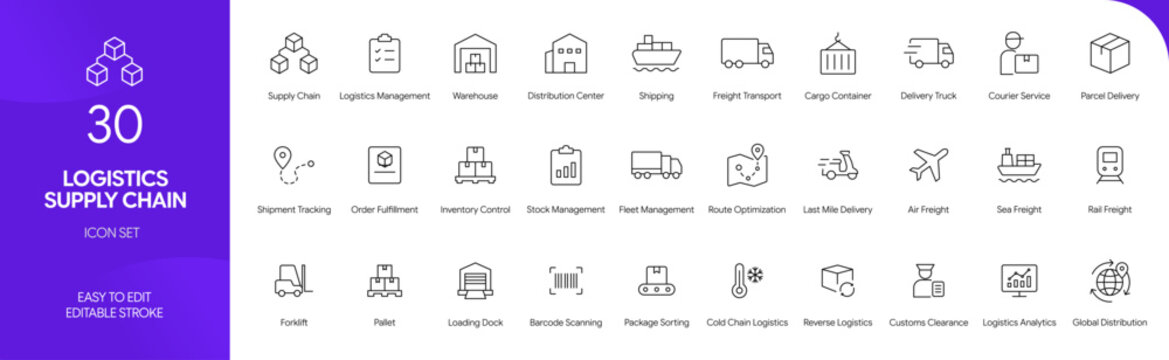 Logistics supply chain icon line style shipping warehouse delivery editable stroke vector set