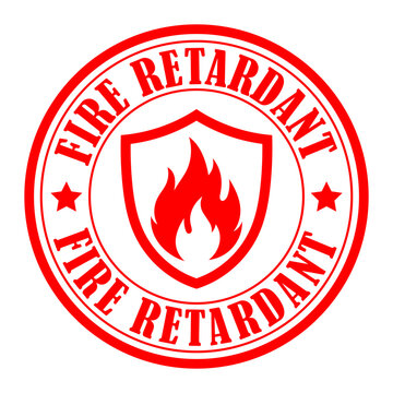 Fire retardant red circular rubber stamp icon with shield and flame symbol for safety certification