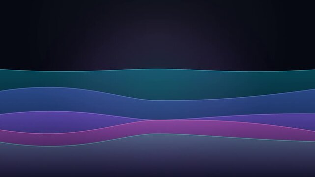 A video featuring smooth, undulating abstract waves in shades of blue, purple, and teal. The layered, translucent shapes flow calmly against a dark, glowing background.