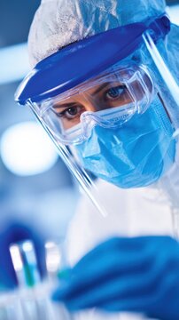 A focused healthcare professional in protective gear examines test tubes in a laboratory setting