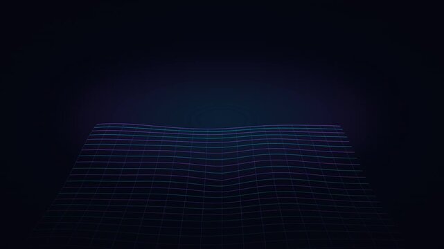 A glowing blue wireframe grid ripples like digital waves across a dark, futuristic landscape in a rhythmic, undulating motion, creating a high-tech and immersive abstract atmosphere.