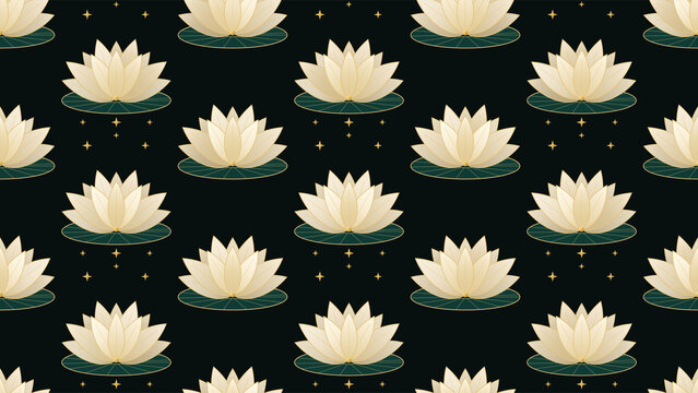 Seamless lotus flower pattern with cream water lilies, green lily pads and gold stars on a dark background