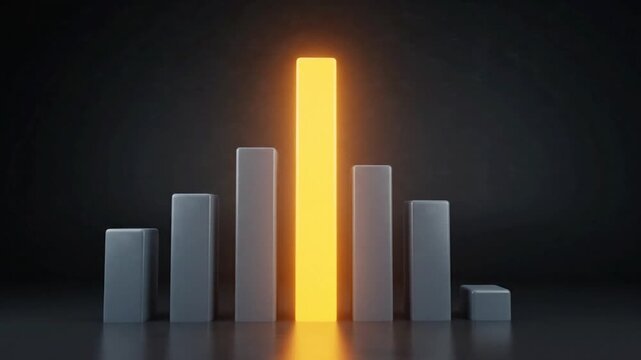 In this 3D animation, a single grey bar in a chart begins to glow vibrant orange and grows taller than the surrounding bars, representing achievement and standout performance.