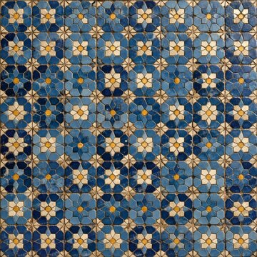 An elegant, symmetrical blue and beige floral ceramic tile mosaic with geometric precision. The design features rich textures and stunning craftsmanship.