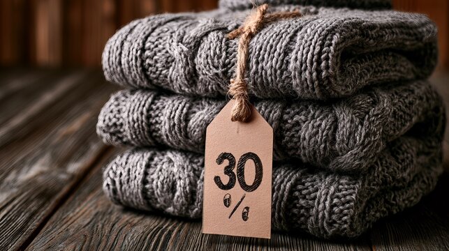 Cozy gray knitted sweaters are neatly stacked on rustic wood, displaying a discount tag, perfect for winter promotions