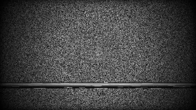 Analog television static noise shows grainy monochrome texture with flickering horizontal lines. this retro glitch effect features distorted black and white pixels.