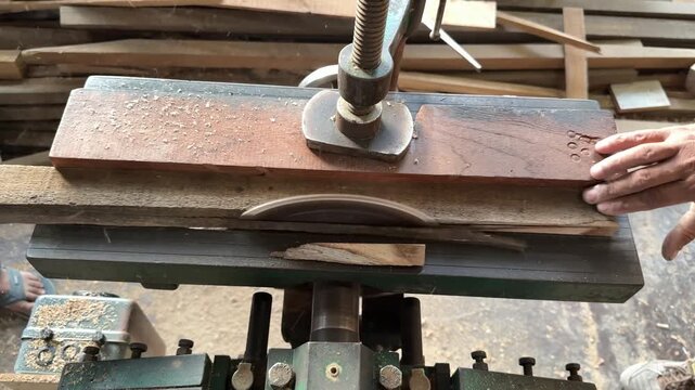 Horizontal overhead shot of carpenter cutting wooden plank on table circular saw