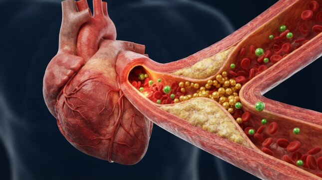 Anatomical visualization of LDL and HDL particles causing arterial blockage and heart disease.