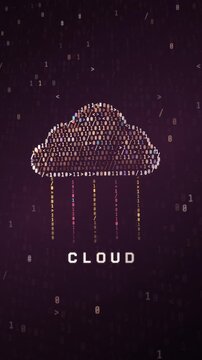 Abstract Cloud Computing Concept with Data Symbols and Binary Code Forming a Rain Cloud.