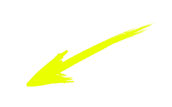 Vibrant yellow brushstroke arrow pointing down left, hand-drawn neon pointer on white background, textured artistic directional sign for creative design