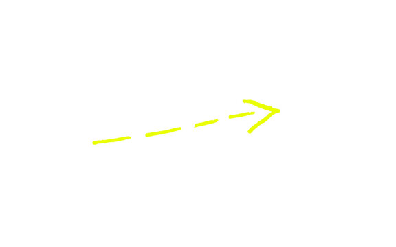 Hand-drawn yellow arrow pointing right, minimalist dashed line pointer on white background, simple sketch directional symbol