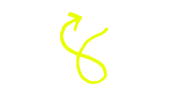 Yellow hand drawn curly loop arrow pointing up, thick brush marker stroke doodle scribble swirl arrow, neon highlighter S curve direction pointer icon isolated on white background for infographic