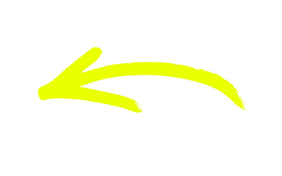 Thick yellow hand drawn brush arrow pointing left with bold curved stroke, neon marker doodle arrow icon, grunge paint direction pointer isolated on white background for design