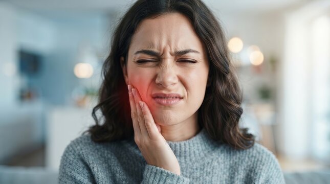 Woman experiencing dental pain and holding her jaw due to toothache.