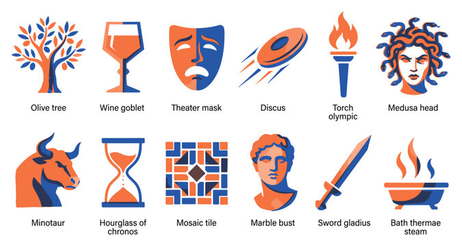 Ancient Greek and Roman mythology icon set featuring Medusa, Minotaur, Olympic torch, theater mask, marble bust, gladius sword, mosaic tile, and olive tree symbols