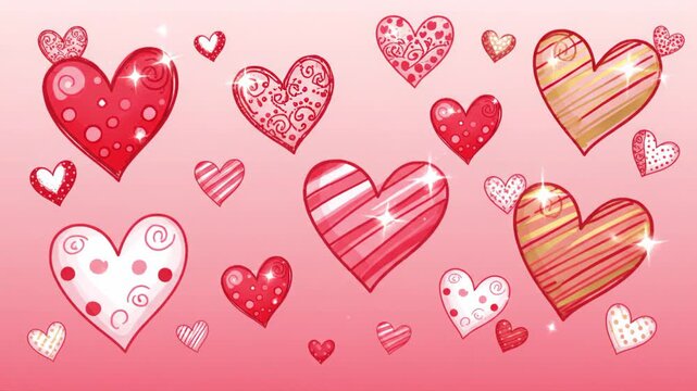 Animated heart pattern floating over pink gradient background with ornamental dots, stripes, and sparkles