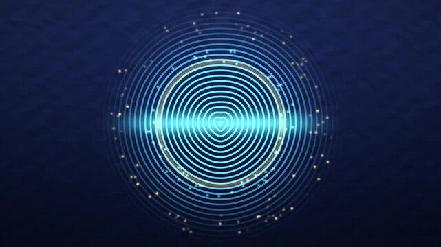 Glowing Fingerprint Scan with Laser Line and Orbiting Gold Data Particles, Cybersecurity Technology Background