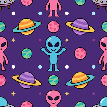 Cute kawaii space alien planet ufo seamless pattern flat outline