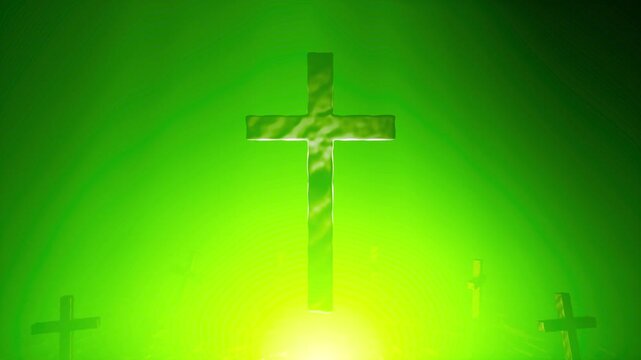 Floating metallic cross in graveyard with changing colored lighting