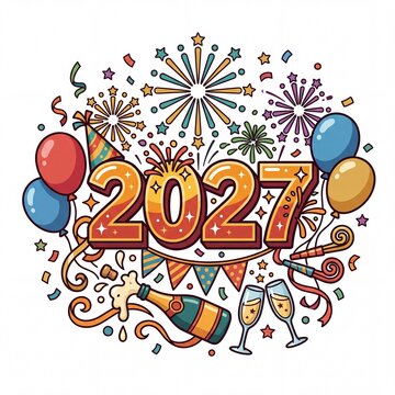 Cartoon New Year 2027 Illustration with Flat Cel Shading and Bold Outlines
