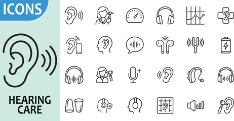 Hearing care icon collection for audiology and ear health. © MD