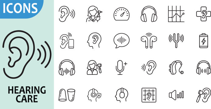 Hearing care icon collection for audiology and ear health.